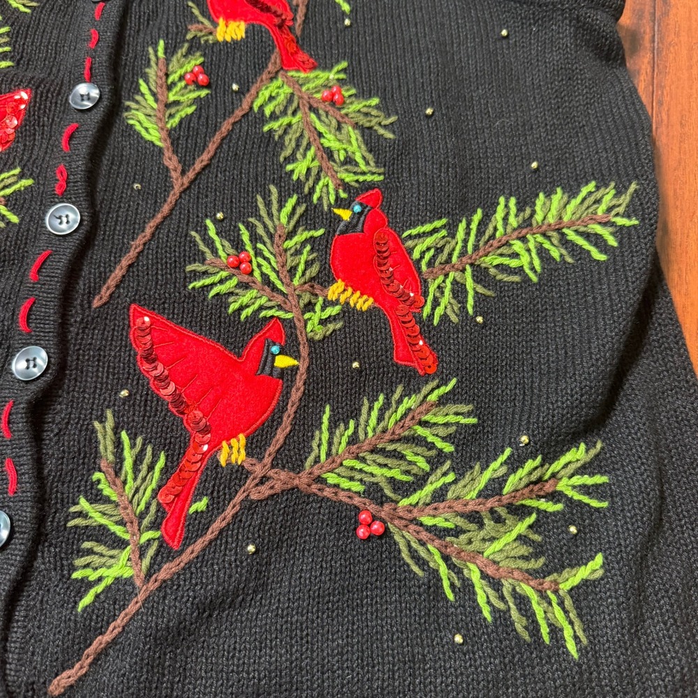 Vintage Womens Plus 2X Black Cardinal Bird Holiday Winter Knit Sweater Vest